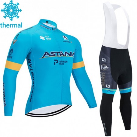Tenue Cycliste Manches Longues et Collant à Bretelles 2020 Astana Pro Team Hiver Thermal Fleece N001